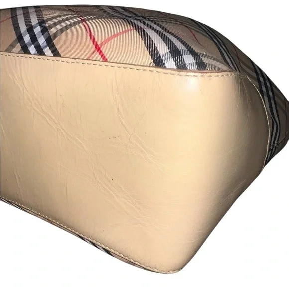 Burberry Nova Check Canvas Leather Tote Tan Black Red Traditional Plaid Pleated - Picture 6 of 16